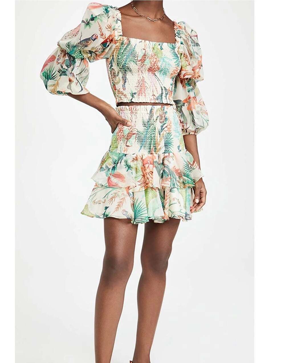 NWOT PatBO  Paradise Print Smocked Two-Piece Set TOP And Ruffle Skirt